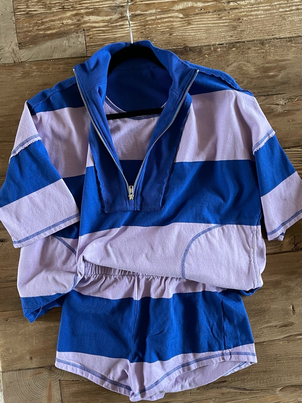 Kids Blue & Lavender Striped Half‑Zip Top and Shorts Set